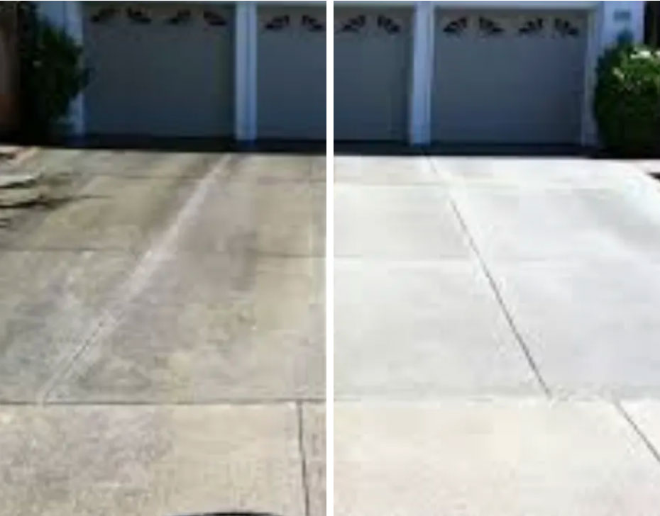 Concrete driveway before and after pressure washing