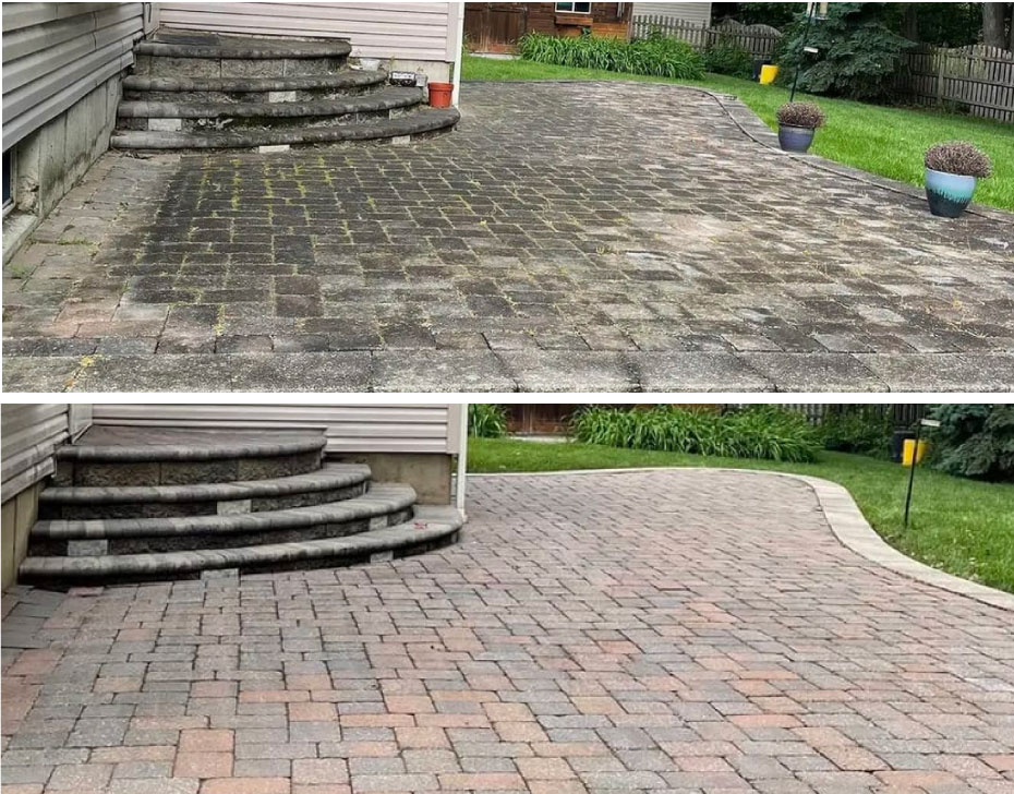 Paver patio before and after cleaning