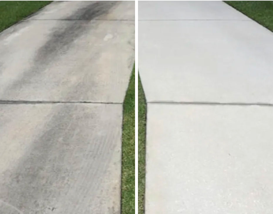 Concrete sidewalk before and after pressure washing