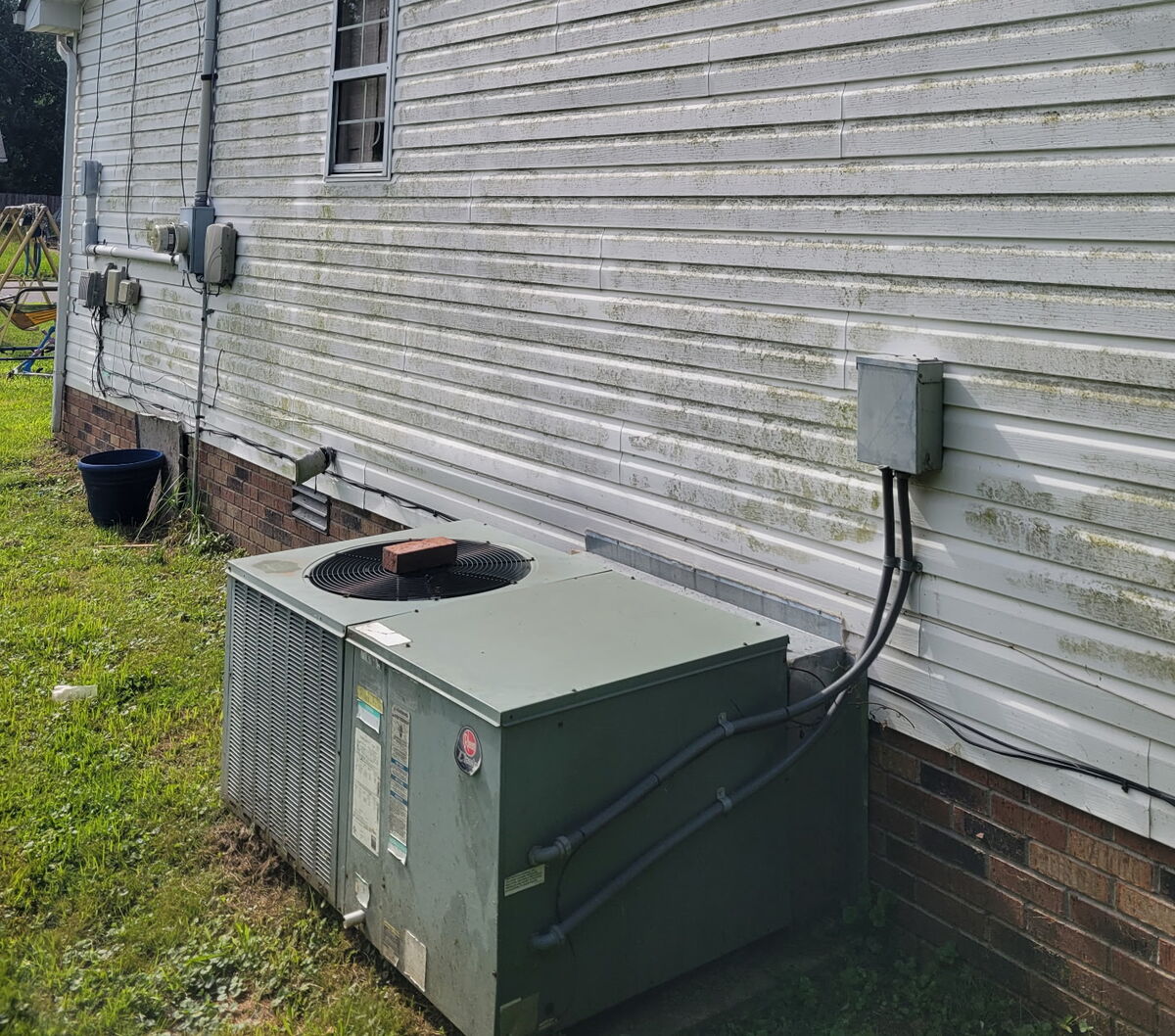 House siding before — heavy algae and green staining